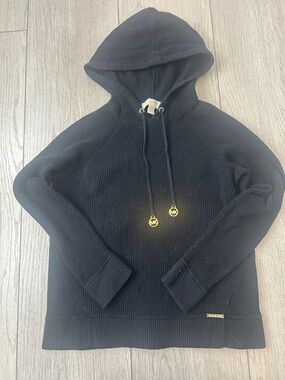 Michael Kors Black Knit Hooded Sweater with Gold Accents